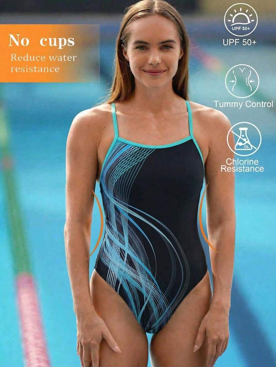 Swim Nautrix Bộ jumpsuit nữ mùa hè mới, cổ tròn, không tay, họa tiết đường kẻ nghệ thuật, màu xanh dương, xếp ly, hở lưng, kiểu dáng thường ngày, thích hợp cho kỳ nghỉ. - Nhiều màu - Xem 1