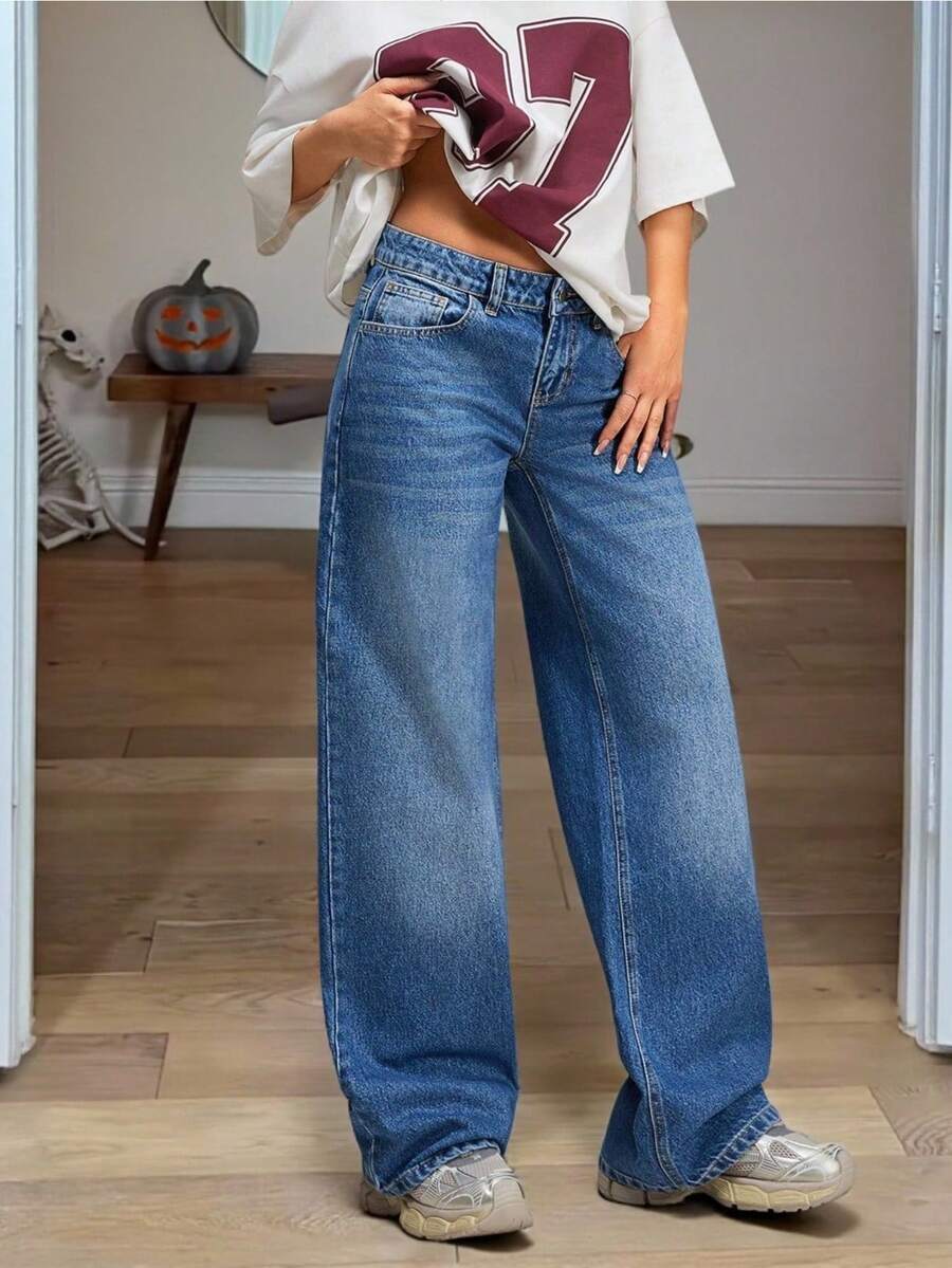 SHEIN Quần jean ống rộng túi chéo - Rửa trung bình - Xem 1