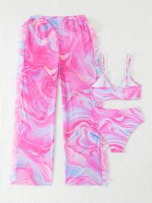 SHEIN 少女三件套比基尼，粉色荷叶边三角上衣和下装，长款纱笼，时尚优雅泳装，适合游泳、度假、夏季穿着（随机印花） 女士游艇派对服装 女士夏季服装 女士夏季沙滩套装 邮轮服装 - 玫紅色 - 查看 2