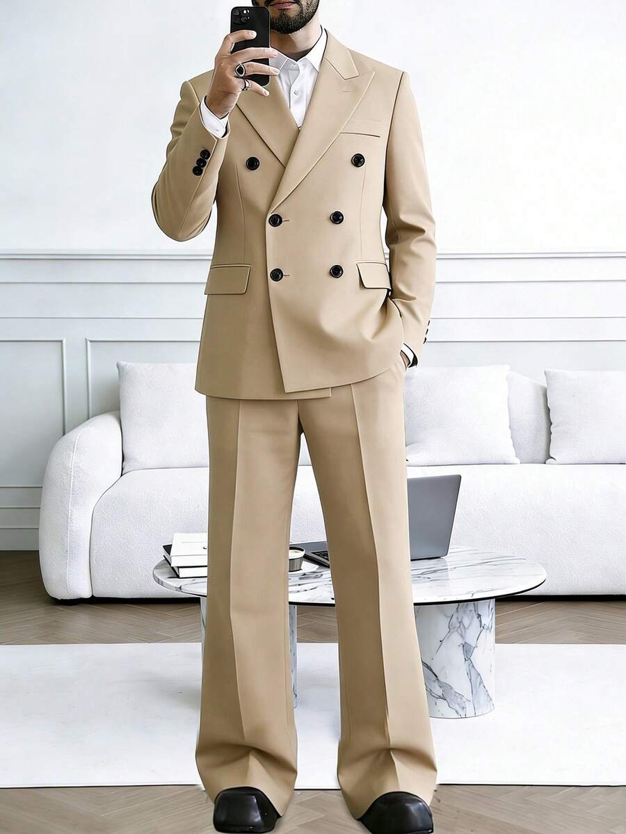 HUEFORM Men's Black Woven Twill Business Formal Suit Set - Khaki - View 1