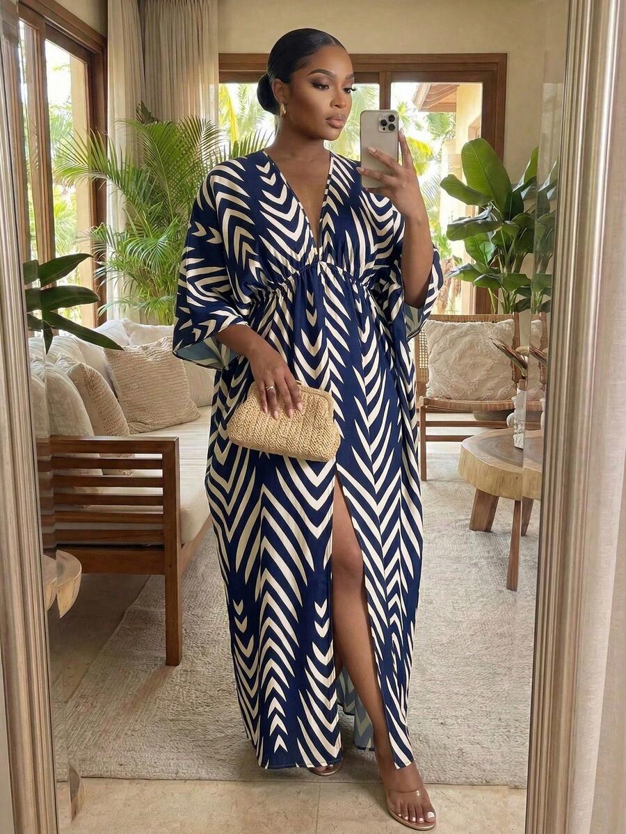 SHEIN Lady CURVE Robe ample à manches chauve-souris imprimée tout-sur-tout, robe zébrée pour femmes, robe zigzag, robe longue, robe à motif pour femmes, robe caftan