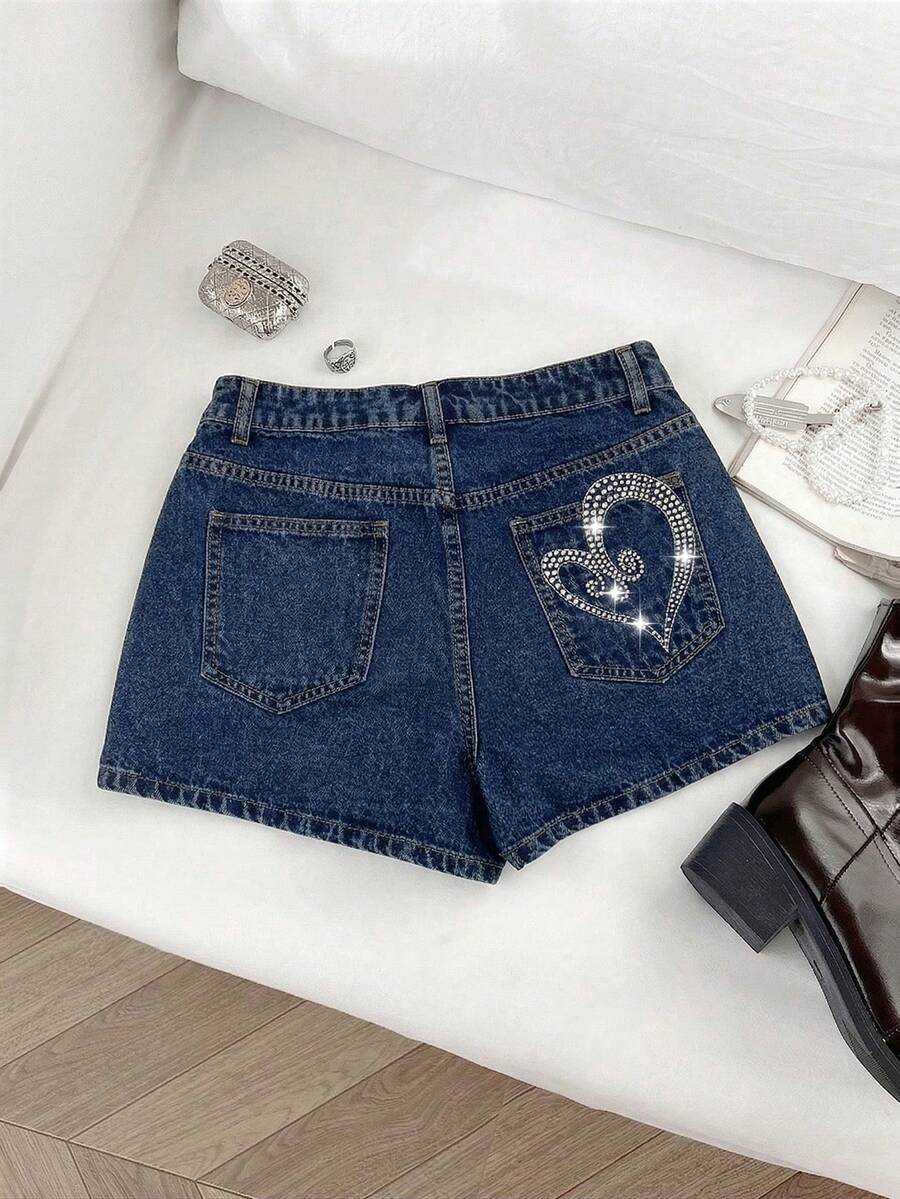 SHEIN 时尚刺绣水钻水洗牛仔短裤 - 深色水洗藍 - 查看 1