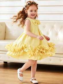 SHEIN Glamorique Kids Young Girls Elegant Princess Sleeveless Mid-Length Dress, Suitable For Outings, Parties And Other Occasions - Yellow - View 4
