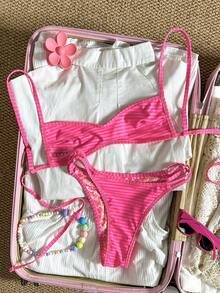 Swim Mod Women's Beach Outfit, Orange Floral & Striped Double-Sided Print, Reversible Micro Bikini Bandeau, Fashionable Casual Resort Cute & Sexy Women's Swimwear Set - Pink - View 4