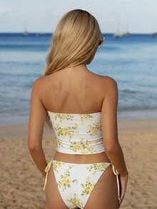 SHEIN Swim Mod 甜美女孩沙滩抽绳设计抹胸式比基尼套装 - 彩色 - 查看 2