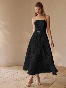 MOTF PREMIUM Vestido elegante francés, vestido de línea A con estampado de jacquard de flores de rosa sin tirantes para damas - Negro - Ver 5