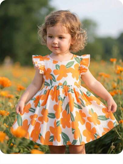 Vestido casual de manga corta con estampado floral lindo para bebé niña de vacaciones