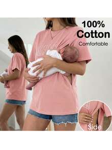Áo cho bà bầu tay ngắn cổ tròn in họa tiết đơn giản - Hồng - Xem 7