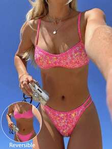 Swim Mod Women's Beach Outfit, Orange Floral & Striped Double-Sided Print, Reversible Micro Bikini Bandeau, Fashionable Casual Resort Cute & Sexy Women's Swimwear Set - Pink - View 1