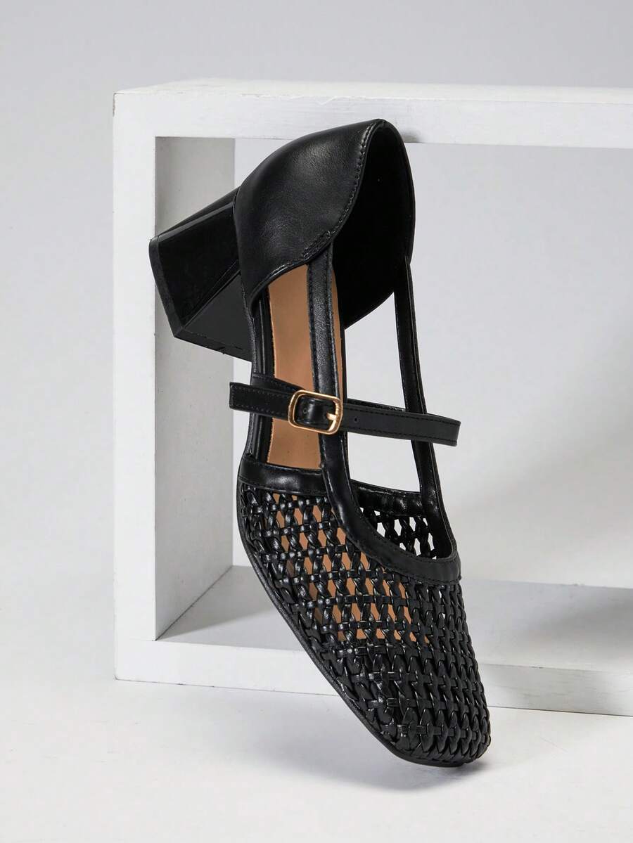 SHUZIA Bombas Mary Jane de rafia de ganchillo para damas - Negro - Ver 1