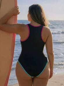 Swim SPRTY 大码女式拼接拉链半开襟连体泳衣，适合海滩度假、泳池派对、沙滩派对 - 黑色 - 查看 2