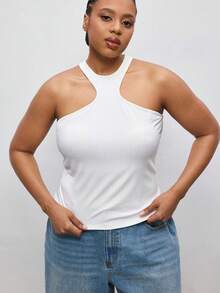 Maija Maglietta senza maniche estiva per taglie forti, outfit elegante da insegnante, nuovo outfit casual da aeroporto per donne 2026, top corto aderente con vita segnata, abbigliamento casual estivo, stile casual business, basic versatile, vestibilità lusinghiera, adatto per vacanze urbane, festival musicali delle isole, San Valentino, spiaggia del Giorno dell'Indipendenza, ufficio, festa in spiaggia, casual - Bianco - Visualizzare 3