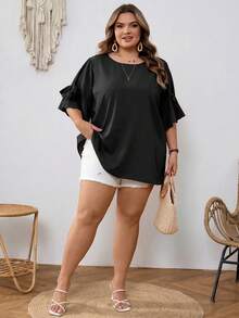 SHEIN CURVE+ Curve 尺码 US22 音乐节、海滨度假、波西米亚风女士蝴蝶结装饰圆领紫红色衬衫，夏季 - 黑色 - 查看 7