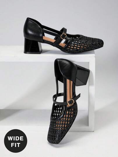 SHUZIA Women's Wide-Fit Crochet Raffia Mary Jane Pumps