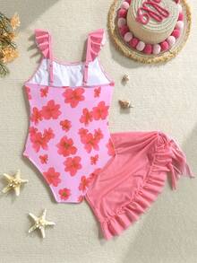 SHEIN Tween Girl Pink Floral Print Ruffled One-Piece Swimsuit With Cover-Up Skirt,2 Piece Tropical Summer Beach Holiday Young Girls Bathing Suit Set,Pink - Multicolor - View 2