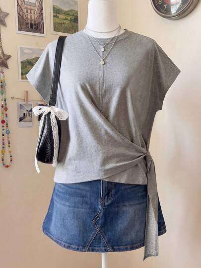 Lalippa 291# Knit Tie Waist Loose Round Neck T-Shirt With Flared Sleeves - 180G Milk Silk 127# Light Gray