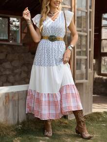 LanaWest Vestido casual de cuello en V con volantes en el bajo para el verano - Azul - Ver 1