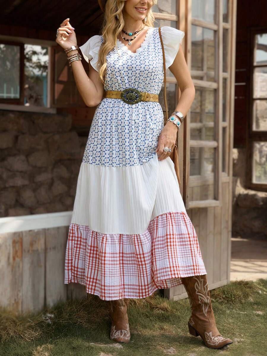 LanaWest Vestido casual de cuello en V con volantes en el bajo para el verano - Azul - Ver 1