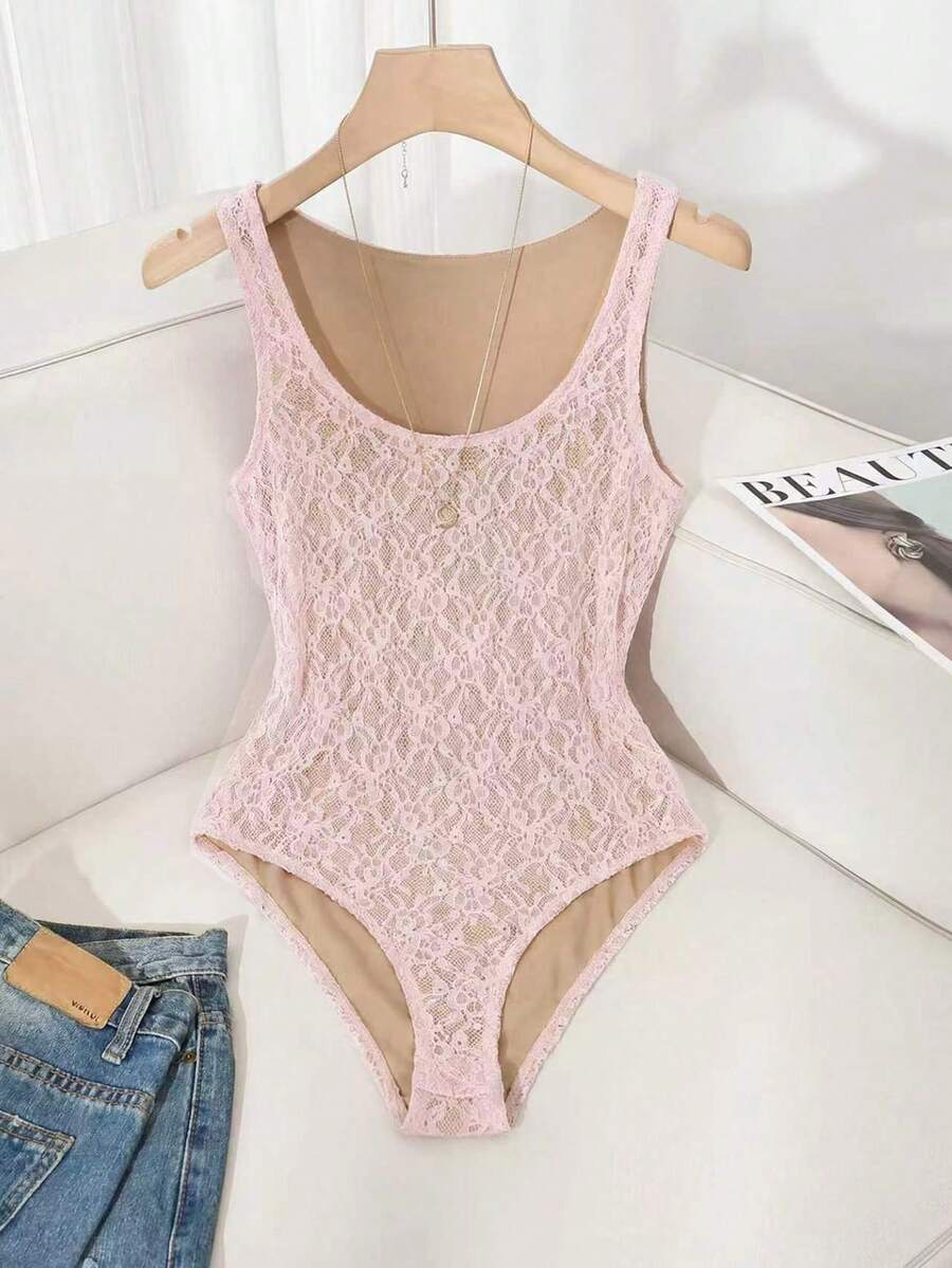 SHEIN Franclia Áo liền thân ren thanh lịch dành cho nữ, thích hợp cho hẹn hò/nghỉ dưỡng, mùa hè. - Màu Hồng baby - Xem 1