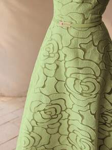 MOTF PREMIUM Vestido elegante francés, vestido de línea A con estampado de rosas sin tirantes para damas - Verde - Ver 5