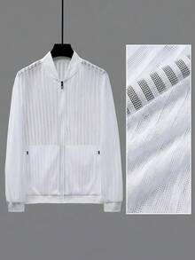 Manfinity Homme Men's Striped Mesh Long Sleeve Zip Front Casual Baseball Jacket - White - View 3