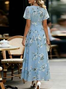 Balvessa 蓝色雪纺印花荷叶袖优雅连衣裙，女士款 - 藍色 - 查看 2