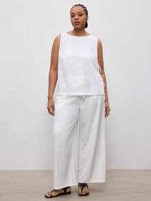 Maija 2025新款加大码女式亚麻休闲无袖背心，侧开衩蝴蝶结设计，舒适百搭，适合音乐节、演唱会、乡村音乐活动、海滩、度假以及春夏日常穿着。 - 白色 - 查看 4