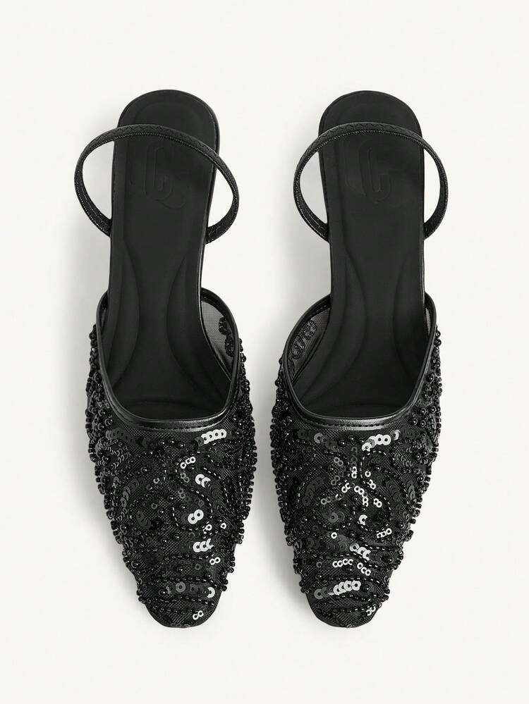 CUCCOO CHICEST New Stylish Elegant Black Embroidered Mesh Beaded Square Toe Mid-Heel Ankle Strap Pumps For Women Wedding Shoes Summer Shoes Bride Shoes