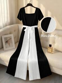 Elenzga Mono de pierna ancha con cuello cuadrado, manga corta, bloque de color y parches plisados para mujer de talla grande - Negro - Ver 4