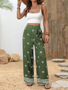 Breezaya Women's Casual Vacation Print High Waist Wide Leg Pants - Green - View 6