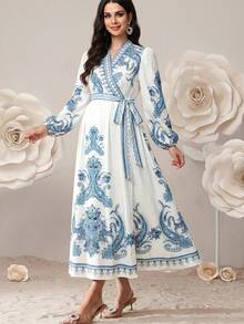 SHEIN 孕妇碎花V领褶皱休闲度假连衣裙 - 淺藍色 - 查看 4