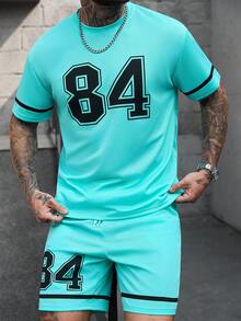 Manfinity Homme 男士薄荷蓝透气网眼字母印花短袖运动套装，春夏男士夏季运动服两件套，长款短裤T恤，男士号码球衣，男士街头服饰套装，男士休闲图案字母印花短袖T恤和短裤套装，适合日常休闲、周末旅行、户外活动、探险旅行、轻松的工作环境、送给男友/丈夫的礼物、周年纪念/生日礼物、派对、夏季假期、沙滩装、夏威夷婚礼等场合。 - 薄荷藍 - 查看 5