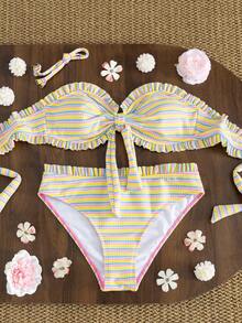 Swim Mod Women's Summer Striped Textured Fabric Spaghetti Strap Ruffle Trim Bandeau Bikini Set - Multicolor - View 4