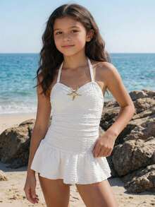 Travachic KIDS Áo tắm liền thân kiểu dáng trơn, chất liệu vải sần, dây mảnh, nơ buộc hình sao biển, hở lưng, thích hợp cho bé gái tuổi teen, đi biển mùa hè. - trắng - Xem 4