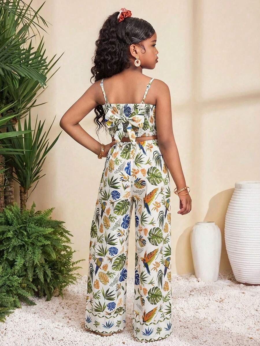SHEIN Tween Girls' Casual Floral Print Camisole And Elastic Waist Pants Set, Vacation Outfit - Multicolor - View 1
