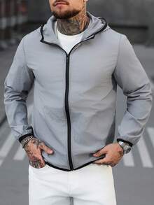Manfinity Homme Áo khoác nam có mũ kéo khóa kiểu dáng thường ngày - Xám - Xem 6