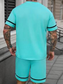 Manfinity Homme 男士薄荷蓝透气网眼字母印花短袖运动套装，春夏男士夏季运动服两件套，长款短裤T恤，男士号码球衣，男士街头服饰套装，男士休闲图案字母印花短袖T恤和短裤套装，适合日常休闲、周末旅行、户外活动、探险旅行、轻松的工作环境、送给男友/丈夫的礼物、周年纪念/生日礼物、派对、夏季假期、沙滩装、夏威夷婚礼等场合。 - 薄荷藍 - 查看 2