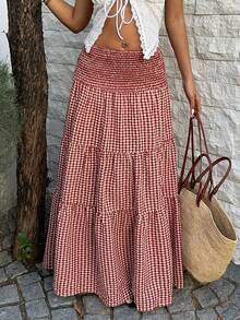 Sunnyshic Women's Elegant Casual Vacation Versatile Daily Wear Fashionable Plaid Fabric Waist Tie Cinched Waist Long Skirt, Spring/Summer - Multicolor - View 6