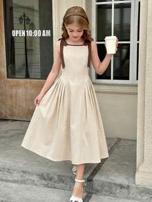 SHEIN 少女撞色蝴蝶结条纹腰身连衣裙，休闲优雅时尚百搭，适合日常穿着、典礼、派对等场合，新款女童连衣裙 - 卡其色 - 查看 7