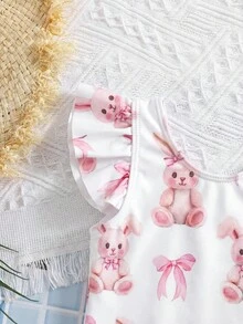 SHEIN ملابس سباحة كاجوال وجميلة للبنات الصغيرات مع طبعات الدببة الكرتونية والفيونكات الملونة - متعدد الألوان - مشاهدة 5