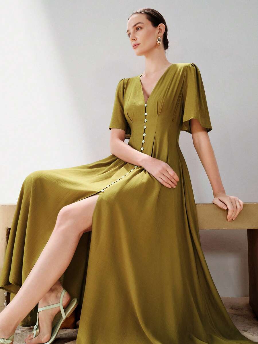 Aveloria Modichic 法式复古高端V领收腰花瓣袖长连衣裙 - 芥末黃 - 查看 1