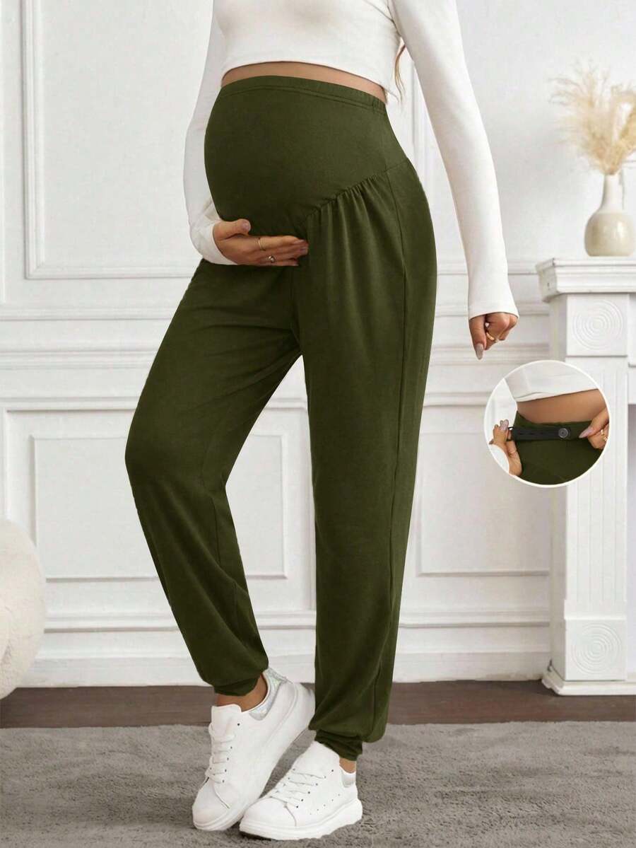 SHEIN Pantalones casuales y versátiles de uso diario con cintura ajustable para maternidad de unicolor - Verde Oliva - Ver 1