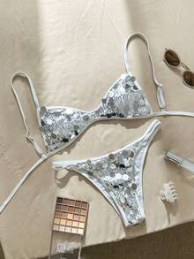 Swim Vcay 香槟金亮片迷你杯比基尼两件套泳衣，性感沙滩度假装，亮片比基尼，闪亮女士两件套沙滩装 - 白色 - 查看 3