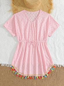 SHEIN 少女可爱粉色钩针编织罩衫，V领短袖，彩色流苏下摆，时尚休闲优雅，适合游泳、夏季度假、海滩、泳池派对 - 粉色 - 查看 3