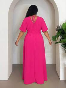 SHEIN CURVE+ 2026春夏新款大码度假休闲/日常休闲/外出/优雅派对/浪漫纯色黄色插肩袖弹力腰部收褶大A字摆梭织纹理面料女式长裙 - 玫紅色 - 查看 2