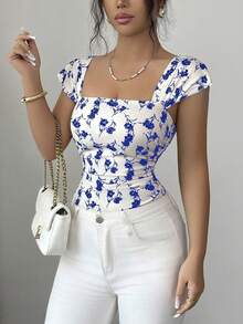 Elenzga 新款女士方领短袖印花腰部褶皱A字连体衣，优雅适合约会和度假，收腰设计，显瘦塑形 - 藍色 - 查看 5