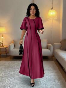 Rafferiza Vestido de verano para mujer de cuello redondo y manga corta con ribete de contraste negro, cintura ceñida, vestido largo elegante para salidas, reuniones familiares, versátil - Burdeos - Ver 4