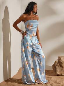 Opulessa Conjunto de 2 piezas de top bandeau y pantalones estampados de gasa para mujer, ideal para vacaciones de primavera/verano - Celeste - Ver 5
