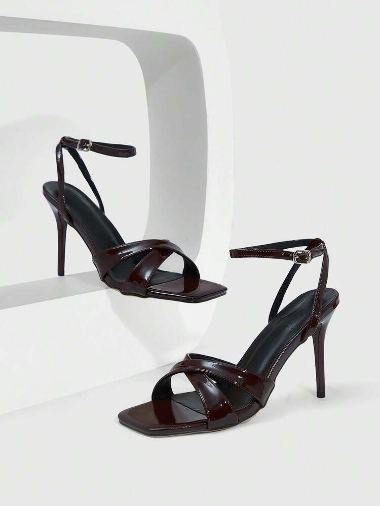 CUCCOO SZL Women Shoes Spring And Summer New Brown Mirror Cross Strap Ankle Strap Simple Women's High Heel Sandals Stylish Comfortable Versatile Sexy Party Banquet Women's Sandals Prom Heels