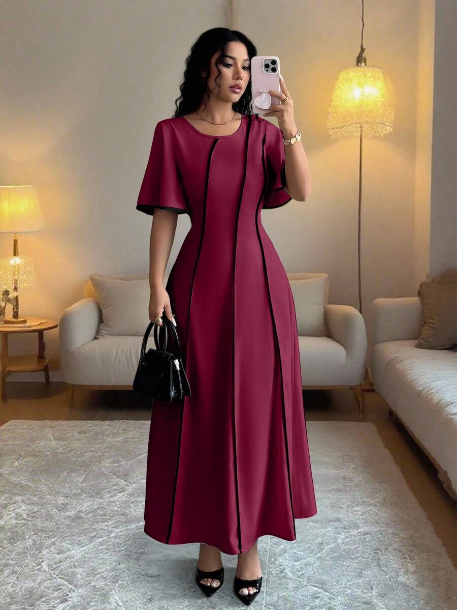 Rafferiza Vestido de verano para mujer de cuello redondo y manga corta con ribete de contraste negro, cintura ceñida, vestido largo elegante para salidas, reuniones familiares, versátil - Burdeos - Ver 1